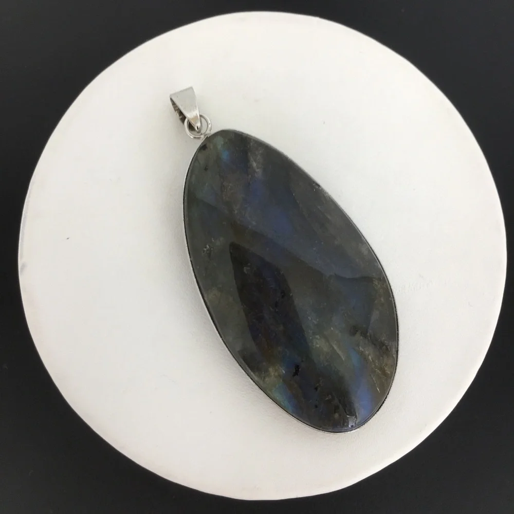 Labradorite Blue Green Flash Large Pendant Oval Natural Stone Silver Metal Wrap